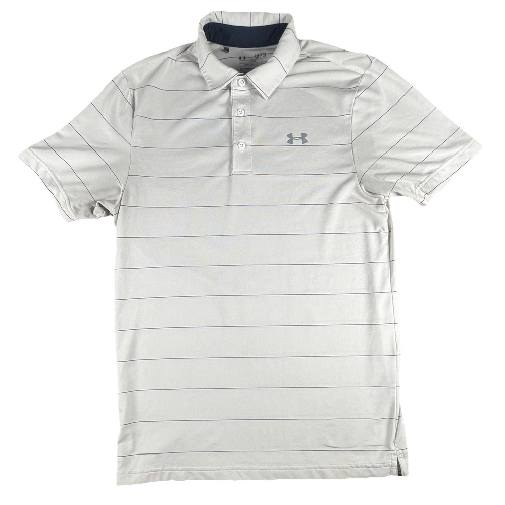 Under Armour Polo Shirt Mens Small Gray Stripe HeatGear Golf Short Sleeve